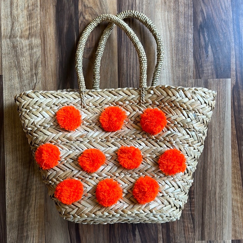 Orange Pom Pom Rattan Beach Tote Bag